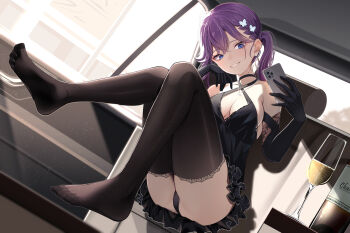 1girl :d absurdres alcohol black_dress black_gloves black_thighhighs blue_eyes blush bottle breasts butterfly_hair_ornament car_interior cellphone champagne champagne_flute cleavage cup day dress drinking_glass earrings elbow_gloves feet from_below full_body gakuen_idolmaster gloves grin hair_ornament hand_on_own_cheek hand_on_own_face highres holding holding_phone idolmaster jewelry kaya_rinha lace lace-trimmed_thighhighs lace_trim light_particles long_hair medium_breasts no_shoes open_mouth panties pantyshot parted_lips phone purple_hair sikimosh sitting sleeveless sleeveless_dress smartphone smile solo stud_earrings sunlight thighhighs twintails underwear upskirt