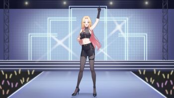 1girl arm_up armpits bare_shoulders belt black_gloves black_shirt black_shoes black_skirt blonde_hair breasts brown_pantyhose crop_top full_body gloves gradient_hair high_heels holding holding_microphone index_finger_raised indie_virtual_youtuber large_breasts long_hair looking_at_viewer microphone midriff miniskirt multicolored_hair navel open_mouth pantyhose parted_bangs pencil_skirt pink_hair shirt shoes skindentation skirt sleeveless sleeveless_shirt smile solo stage stomach thigh_strap very_long_hair wide_shot yellow_eyes ysoa26