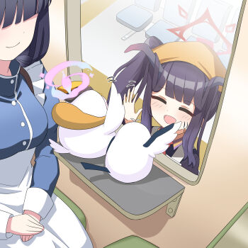 3girls :d ^_^ alternate_costume apron bird bird_costume black_hair blue_archive blunt_bangs closed_eyes commentary_request demon_girl demon_horns faceless faceless_female fuuka_(blue_archive) halo headscarf horns indoors long_hair long_sleeves looking_at_another medical_emergency_club_member_(blue_archive) mika_(blue_archive) mini_person minigirl multiple_girls o_(rakkasei) on_bench open_mouth peroro_(blue_archive) school_uniform serafuku sidelocks sitting size_difference smile train_interior train_station waving white_apron window yellow_headscarf yellow_headwear