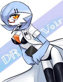 1girl alternate_color black_choker black_panties black_thighhighs blue_hair blue_skin bob_cut breasts character_name choker colored_skin dr._voir_(nanosheep) gardevoir gen_3_pokemon glasses hair_over_one_eye highres kd_pkmn lab_coat multicolored_skin nintendo orange_eyes panties pokemon pokemon_(creature) semi-rimless_eyewear shiny_pokemon thighhighs two-tone_skin underwear white_skin