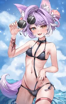 1girl ahoge animal_ears bikini black_bikini blue_sky blush bow breasts cloud collar fox_ears fox_girl fox_tail green_eyes heterochromia highres long_hair looking_at_viewer multi-strapped_bikini_bottom myudi_ariel navel ocean open_mouth outdoors purple_hair red_bow side-tie_bikini_bottom sky small_breasts smile solo stellive swimsuit tail tenko_shibuki thigh_strap unworn_eyewear virtual_youtuber wading yellow_eyes