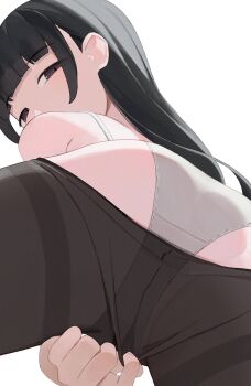 1girl ass black_eyes black_hair black_pantyhose blunt_bangs from_behind grey_panties highres hiroki_(yyqw7151) long_hair looking_at_viewer looking_back original panties pantyhose simple_background solo underwear white_background