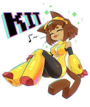 1girl :p ^_^ animal_ears artist_name breasts brown_hair cat_ears cat_girl cat_tail character_name chromatic_aberration closed_eyes commentary crystal_wish dress english_commentary furry furry_female gameoverse highres kit_bodega medium_breasts musical_note short_hair simple_background sitting solo tail tongue tongue_out twitter_username white_background yellow_dress