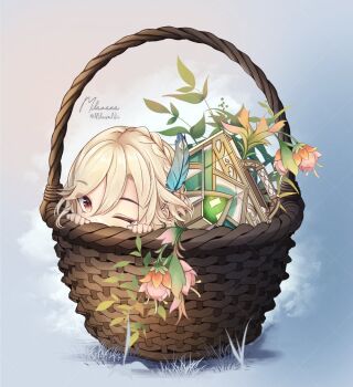 1boy basket blonde_hair commentary feather_hair_ornament feathers flower genshin_impact hair_between_eyes hair_ornament in_basket in_container kaveh_(genshin_impact) looking_at_viewer male_focus mehrak_(genshin_impact) milavana one_eye_closed peeking_out red_eyes signature solo suitcase twitter_username wicker_basket