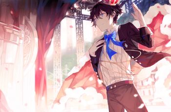 >:) 1boy absurdres arched_crown black_hair black_jacket blue_bow blue_bowtie blue_eyes bow bowtie brown_pants buttons cape character_request closed_mouth collared_shirt confetti copyright_request cowboy_shot crown curtains diamond_button fur-trimmed_cape fur_trim hair_between_eyes hand_on_own_chest hand_up highres jacket light_particles long_sleeves looking_ahead male_focus nokoya open_clothes open_hand open_jacket pants red_cape shirt short_hair sleeve_cuffs smile solo stage stage_curtains standing tilted_headwear truss tuxedo_shirt v-shaped_eyebrows white_shirt wind