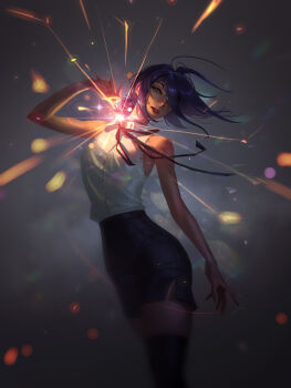 1girl absurdres bare_arms bare_shoulders black_choker black_ribbon black_skirt black_thighhighs blurry_border chainsaw_man choker collared_shirt dark dark_background explosion feet_out_of_frame grey_background hair_bun hair_over_one_eye highres jiunn_kuo light_particles long_bangs looking_at_viewer medium_hair motion_lines neck parted_lips pencil_skirt pulling purple_hair reze_(chainsaw_man) ribbon shirt simple_background skirt sleeveless sleeveless_shirt sparks standing thighhighs thighs white_shirt