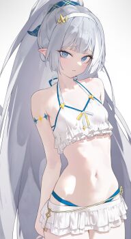 absurdres arms_behind_back bikini blue_eyes breasts female_tyrant_(stella_sora) frills gjz1227 grey_hair hairband highres key long_hair navel pointy_ears ribbon small_breasts stella_sora swimsuit tyrant_(stella_sora) white_bikini