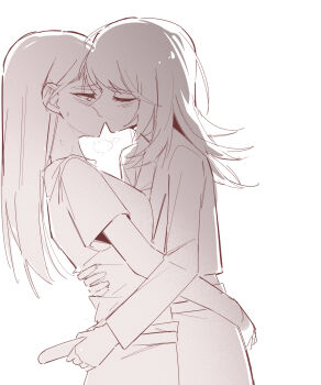 2girls bang_dream! bang_dream!_it&#039;s_mygo!!!!! belt blush ear_blush greyscale highres hug jacket kiss long_hair monochrome multiple_girls shiina_taki shirt short_sleeves simple_background sweatdrop undressing_another white_background yahata_umiri yuri zikiki1092