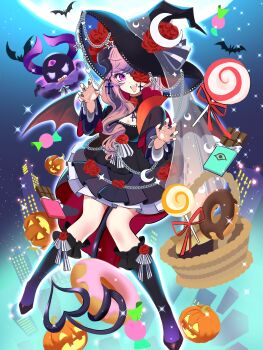 Rule 34 | 1girl, absurdres, asahi illustrator, bat (animal), black dress, black hat, black nails, black shoes, bubi (ironmouse), chocolate, chocolate donut, claw pose, commentary, donut, dress, english commentary, fangs, flower, flower in eye, food, full moon, hair ornament, hat, highres, ironmouse, ironmouse (witch), long hair, looking at viewer, moon, multicolored hair, nail polish, open mouth, pink eyes, pink hair, purple streaks, red flower, shoes, smile, solo, star (symbol), star hair ornament, streaked hair, symbol in eye, teeth, tongue, tongue out, upper teeth only, virtual youtuber, vshojo, witch hat