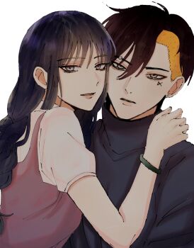 1boy 1girl black_hair blonde_hair boruto:_two_blue_vortex bracelet braid commentary dress eyebrow_piercing face_piercing facial_mark grey_eyes hashtag-only_commentary highres ifevilwhyuhot jewelry kakei_sumire kawaki_(boruto) light_smile multicolored_hair naruto_(series) piercing purple_dress turtleneck two-tone_hair undercut