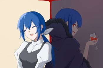 Rule 34 | 2girls, absurdres, back-to-back, black cape, blood, blue hair, buttons, cape, ciel (tsukihime), closed eyes, coffeejelly, commentary request, cup, dress, dual persona, elesia, evil smile, fur-trimmed cape, fur trim, glass, hair between eyes, head tilt, highres, holding, holding cup, juliet sleeves, long hair, long sleeves, looking at viewer, michael roa valdamjong, multiple girls, open mouth, possessed, possession, profile, puffy sleeves, red eyes, roa-ciel, smile, tsukihime, tsukihime (remake), vampire, very long hair, white dress