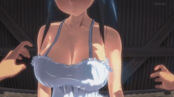 1girl 3d animated animated_gif armpits assisted_exposure bare_shoulders blue_hair blush bouncing_breasts breasts brown_hair cleavage covered_erect_nipples dress huge_breasts long_hair nipples no_bra nude outdoors pov red_eyes sandwichworks shota strap_pull sundress sweat takarasagashi_no_natsuyasumi underwear undressing upper_body