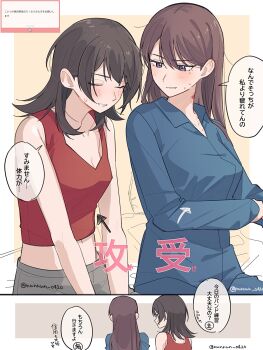 2girls bang_dream! bang_dream!_it&#039;s_mygo!!!!! bite_mark bite_mark_on_neck black_hair blue_shirt blush breasts brown_hair cleavage closed_eyes commentary highres long_hair marshmallow_(site) medium_hair midriff mole mole_under_eye multiple_girls nanami_(nunnun_0410) open_mouth purple_eyes red_tank_top request_inset shiina_taki shirt sweatdrop tank_top top/bottom_dynamic_annotated translation_request yahata_umiri yuri