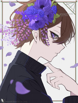 1boy absurdres bishounen black_sweater brown_hair closed_mouth commentary commentary_request english_commentary expressionless falling_petals flower from_side hair_between_eyes hair_flower hair_ornament hanayoshi_kanae highres looking_at_viewer male_focus mixed-language_commentary original petals profile purple_flower revision short_hair sidelighting simple_background solo sweater turtleneck turtleneck_sweater watermark wisteria