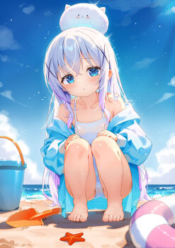 1girl angora_rabbit animal animal_on_head ass barefoot beach blue_eyes blue_hair blue_shirt blush bucket cameltoe cloud expressionless feet gochuumon_wa_usagi_desu_ka? hair_ornament hairclip hands_on_own_knees highres innertube kafuu_chino loli long_hair looking_at_viewer no_pants ocean off_shoulder old_school_swimsuit on_head one-piece_swimsuit open_clothes open_shirt outdoors rabbit school_swimsuit shirt sky squatting starfish swim_ring swimsuit swimsuit_under_clothes taku_michi tippy_(gochiusa) toenails toes trowel white_one-piece_swimsuit