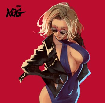 1girl black_gloves black_jacket blonde_hair blue_eyes breasts center_opening cleavage dress fingerless_gloves gloves halter_dress halterneck highres jacket large_breasts leather leather_jacket lipstick makeup mogeckko namco nina_williams no_bra purple_dress red_lips short_hair solo sunglasses tekken tekken_2 tekken_3 tekken_4 tekken_5 tekken_5_(dark_resurrection) tekken_7 tekken_8 tekken_blood_vengeance tekken_bloodline tekken_tag_tournament tekken_tag_tournament_2 upper_body