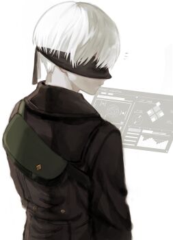 Rule 34 | 1boy, 9s (nier:automata), bag, black coat, blindfold, closed mouth, coat, covered eyes, cowboy shot, highres, long sleeves, male focus, nier:automata, nier (series), notice lines, short hair, solo, uo ii9s, white background, white hair