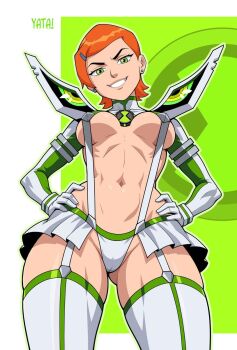 adapted_costume ben_10 boots breasts commentary cropped_legs english_commentary green_eyes grin gwen_tennyson hands_on_own_hips highres kamui_(kill_la_kill) kill_la_kill looking_at_viewer medium_breasts omnitrix orange_hair revealing_clothes short_hair simple_background smile standing thigh_boots yatagarasupen