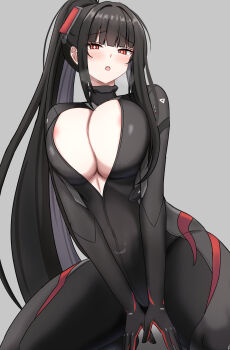 1girl absurdres areola_slip black_bodysuit black_hair blue_archive blush bodysuit breasts commentary elina_(eri15) high_ponytail highres large_breasts long_hair looking_at_viewer open_mouth paid_reward_available partially_unzipped ponytail red_eyes rio_(armed)_(blue_archive) rio_(blue_archive) simple_background solo very_long_hair