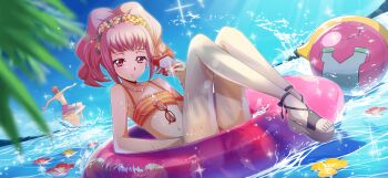 1girl 2boys anya_alstreim artist_request ball bare_shoulders beachball bead_bracelet beads bikini blue_sky blurry blurry_foreground bracelet breasts cellphone closed_mouth code_geass code_geass:_lost_stories collarbone dutch_angle expressionless eyewear_hang feet female_focus flower flower_wreath game_cg gino_weinberg glasses grey_footwear half-closed_eyes hand_up head_wreath highres holding holding_phone horizon innertube jewelry kururugi_suzaku legs legs_together legs_up light_rays looking_at_viewer mordred_(code_geass) multiple_boys navel non-web_source official_art orange_bikini orange_flower phone pink_hair red-framed_eyewear red_eyes red_flower sandals short_hair sidelocks sitting sky small_breasts smartphone solo_focus sparkle splashing stomach striped_bikini striped_clothes sunlight swim_ring swimsuit toes unworn_eyewear wet yellow_flower