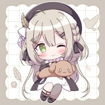 Rule 34 | 1girl, :3, ;), asymmetrical legwear, black dress, black hat, black ribbon, black shoes, black socks, black thighhighs, blush, border, brown border, chibi, chibi only, closed mouth, commentary request, dog, double-parted bangs, dress, full body, green eyes, grey hair, grid background, hair between eyes, hair ornament, hair ribbon, hairclip, hanasakichu, hat, indie virtual youtuber, long hair, long sleeves, looking at viewer, mole, mole under mouth, o o, one eye closed, outside border, parallel hairclips, ribbon, shoes, single sock, single thighhigh, smile, socks, solo, thighhighs, tsutamori tsuduri, twitter username, uneven legwear, virtual youtuber, white background