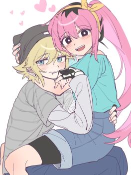 1boy 1girl alternate_costume alternate_hair_color alternate_hairstyle alternate_universe aubrey_(faraway)_(omori) aubrey_(omori) basil_(faraway)_(omori) basil_(omori) bike_shorts bike_shorts_under_shorts black_eyes black_gloves black_hair black_hat black_shorts blonde_hair blue_eyes blue_nails blue_pants blue_shirt blue_shorts blush denim denim_shorts double-parted_bangs ear_piercing emori_(shrimperini) face_piercing fingerless_gloves gloves hair_between_eyes hand_on_another&#039;s_head hat heart highres iomor_snuuy jeans lip_piercing long_hair long_sleeves looking_at_viewer off-shoulder_shirt off_shoulder open_mouth pants parted_lips piercing pink_hair ponytail shirt short_hair shorts sidelocks smile t-shirt teeth upper_teeth_only