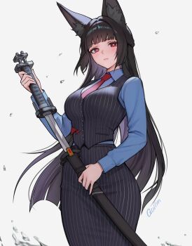 Rule 34 | 1girl, absurdres, alternate costume, animal ear fluff, animal ears, artist name, black hair, black skirt, black vest, blue shirt, blush, breasts, bright pupils, closed mouth, commentary, cowboy shot, english commentary, fox ears, fox girl, grey background, highres, holding, holding sword, holding weapon, hoshimi miyabi, katana, large breasts, long hair, looking at viewer, necktie, quilm, red eyes, red necktie, sheath, shirt, skirt, solo, striped clothes, striped skirt, striped vest, sweat, sword, vertical-striped clothes, vertical-striped skirt, vertical-striped vest, vest, weapon, white pupils, zenless zone zero