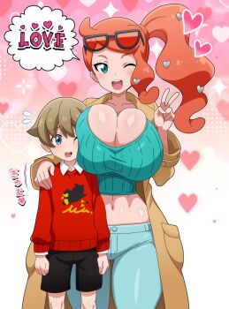 1boy 1girl absurdres black_shorts blue_eyes blue_pants breast_press breasts brown_hair cleavage coat collarbone cowboy_shot crop_top glasses_on_head gradient_background green_eyes hair_ornament heart heart_hair_ornament highres hitokiwa_kenchin huge_breasts looking_at_viewer midriff navel nintendo one_eye_closed open_mouth orange_hair pants pink_background pokemon pokemon_swsh red_sweater shorts side_ponytail smile sonia_(pokemon) standing sweater v wink youngster_(pokemon)