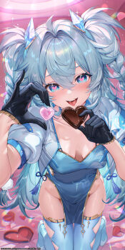 Rule 34 | 1girl, absurdres, artist request, blue eyes, blue thighhighs, candy, china dress, chinese clothes, chinese commentary, chocolate, chocolate heart, collarbone, commentary request, copyright notice, dress, florence (girls' frontline 2), food, girls' frontline, girls' frontline 2: exilium, grey hair, hair intakes, heart, heart-shaped food, heart-shaped pupils, highres, official alternate costume, official art, open mouth, pa-15 (alluring larkspur) (girls' frontline), pa-15 (girls' frontline), pelvic curtain, pink pupils, solo, symbol-shaped pupils, thighhighs, tongue, tongue out, valentine