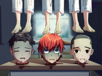 3boys artist_request barefoot black_hair blood blood_on_neck blue_hair classroom closed_eyes corpse death decapitated_head decapitation desk disembodied_head empty_eyes guro highres male_focus multiple_boys orange_hair severed_head shota snuff window