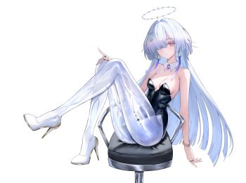 Rule 34 | 1girl, alternate costume, bare shoulders, black leotard, breasts, chair, cleavage, colored eyelashes, commentary, detached collar, earrings, full body, grey hair, hair ornament, hair over one eye, halo, hashtag-only commentary, high heels, highres, jewelry, legs up, leotard, light blush, long hair, looking at viewer, medium breasts, mornye (wuthering waves), parted lips, red eyes, see-through body, simple background, sitting, solo, strapless, strapless leotard, swivel chair, tacet mark (wuthering waves), triangle earrings, very long hair, white background, wuthering waves, yuridango