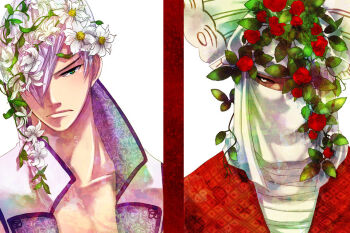 Rule 34 | 2boys, black sclera, colored sclera, covered mouth, flower, frown, green eyes, hair over one eye, head wreath, ishida mitsunari (sengoku basara), looking at another, looking at viewer, male focus, mouth veil, multiple boys, nyorori, one eye covered, ootani yoshitsugu (sengoku basara), red flower, red rose, rose, sengoku basara, short hair, split screen, veil, white background, white eyes, white flower, white hair