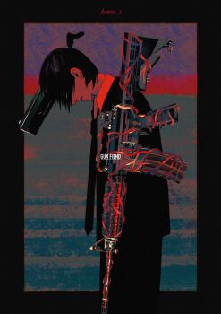 Rule 34 | 1boy, absurdres, black border, border, chainsaw man, character name, collared shirt, earrings, facing down, formal clothes, from side, gun, gun fiend (chainsaw man), hayakawa aki, highres, jacket, jewelry, male focus, mrns d, necktie, outside border, shirt, short hair, solo, suit, suit jacket, twitter username, weapon