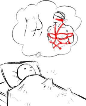1boy artist_self-insert ass bara blank_eyes blank_stare blindfold erection_under_blanket imagining large_pectorals male_focus muscular muscular_male on_bed original pectorals personification red_rope rope shibari smokerichi speech_bubble spot_color thought_bubble