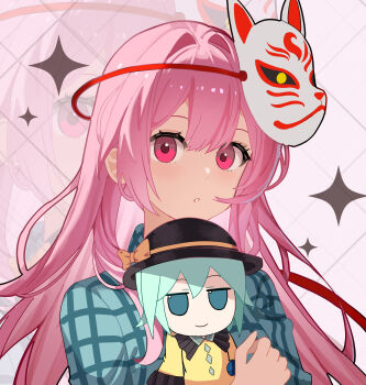 Rule 34 | 1girl, absurdres, aqua shirt, backlighting, black hat, blush, character doll, chinese commentary, closed mouth, commentary request, doll, double-parted bangs, frilled shirt collar, frills, fumo (doll), green eyes, green hair, hair between eyes, hair intakes, hat, hata no kokoro, highres, holding, holding doll, jitome, komeiji koishi, long hair, looking at viewer, mask, mask on head, parted lips, pink background, pink hair, plaid clothes, plaid shirt, red eyes, resoap, shirt, sidelocks, simple background, smile, solo, sparkle, sun hat, touhou, upper body, very long hair, white background, yellow shirt, zoom layer