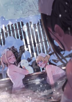 3girls ^_^ absurdres ahoge black_hair blonde_hair blush breasts brown_hair closed_eyes commentary_request fence hachimiya_meguru highres hitotu_no_naka idolmaster idolmaster_shiny_colors illumination_stars_(idolmaster) kazano_hiori large_breasts multiple_girls naked_towel onsen sakuragi_mano same-sex_bathing shared_bathing smile snow snowing snowman towel towel_on_head wet_towel wooden_fence