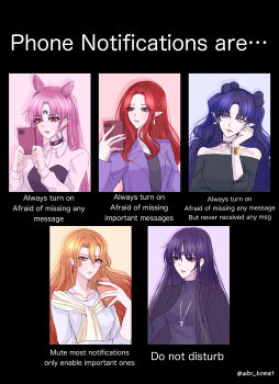 Rule 34 | absurdres, alternate costume, bags under eyes, bare shoulders, bishoujo senshi sailor moon, bishoujo senshi sailor moon (first season), bishoujo senshi sailor moon r, bishoujo senshi sailor moon s, bishoujo senshi sailor moon stars, bishoujo senshi sailor moon supers, black dress, black hair, black jacket, black lady (sailor moon), black shirt, blue eyes, bracelet, cellphone, chibi usa, choker, collarbone, collared shirt, cone hair bun, crescent, crescent facial mark, crystal earrings, double bun, dress, earrings, facial mark, forehead mark, hair between eyes, hair bun, high collar, highres, jacket, jewelry, long hair, long sleeves, looking at object, looking at viewer, mistress 9, necklace, nehelenia (sailor moon), orange hair, parted bangs, parted hair, phone, pink hair, pointy ears, purple dress, purple eyes, purple jacket, quad buns, queen beryl, red eyes, red hair, rogues' gallery, sailor galaxia, scarf, shirt, smartphone, teardrop earrings, tomoe hotaru, twintails, very long hair, wavy hair, wbr komet, white scarf, white shirt