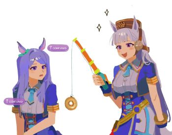 2girls animal_ears aqua_bow blue_corset blue_jacket blue_necktie blunt_bangs blush blush_stickers bow breasts carrot_on_stick confused corset criss-cross_strings cropped_jacket donut ear_bow fishing_rod food gameplay_mechanics glorious_azure_costume_(umamusume) gloves gold_ship_(umamusume) grey_hair hashtag-only_commentary hat holding holding_fishing_rod horse_ears horse_girl jacket long_hair medium_breasts mejiro_mcqueen_(umamusume) multiple_girls necktie official_alternate_costume open_mouth pillbox_hat purple_eyes purple_hair selvha shirt short_necktie short_sleeves shorts single_glove skirt smile sparkle umamusume white_gloves white_shorts