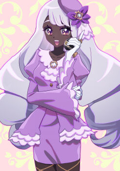 1girl absurdres collar collarbone commentary_request cowboy_shot dark-skinned_female dark_skin dress eyelashes fascinator frilled_collar frilled_jacket frilled_sleeves frills gloves hat highres holding holding_poke_ball index_finger_raised jacinthe_(pokemon) jacket jewelry long_hair long_sleeves luxury_ball mega_stone merunyuru nintendo open_mouth outline pink_outline poke_ball pokemon pokemon_legends:_z-a purple_dress purple_eyes purple_hair purple_hat purple_jacket ring smile solo teeth upper_teeth_only very_dark_skin white_gloves