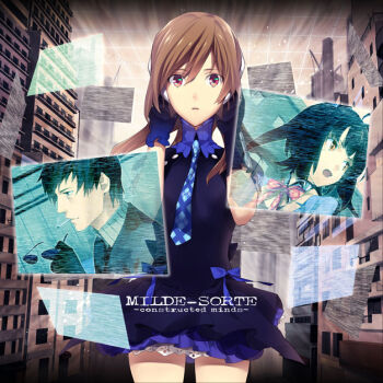 1boy 2girls arms_up bow bowtie brown_hair building cigarette city dress unworn_eyewear ginka_sima glasses gloves grid hands_on_headphones headphones holding holding_removed_eyewear holographic_monitor long_hair mouth_hold multiple_girls necktie open_mouth parted_lips red_eyes reflection ribbon short_hair static sunglasses text_focus transparent