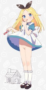 1girl alice_(moyori) baby_doll_socks black_shoes blonde_hair blue_dress blue_eyes blush bottle bread cleft_of_venus dress drink_me female_focus food full_body grey_background hair_ribbon highres holding house loli long_hair looking_at_viewer mary_janes moyori navel no_panties nude_filter puffy_sleeves pussy ribbon shoes short_sleeves socks solo standing third-party_edit tongue tongue_out uncensored white_socks wind wind_lift