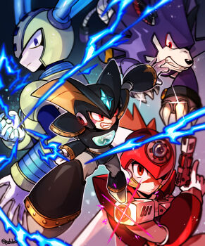 3boys axl_(mega_man) bass_(mega_man) bodysuit closed_mouth commentary_request dog fuse_man glint gloves grimace gun highres holding holding_gun holding_weapon male_focus mega_man_(classic) mega_man_(series) mega_man_11 multiple_boys outstretched_arm pechka red_eyes scar scar_on_face treble_(mega_man) twitter_username weapon white_gloves