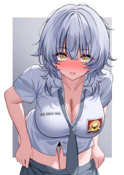 1girl aldided black_panties blush breasts cleavage commentary grey_hair highres indonesian_high_school_uniform large_breasts looking_at_viewer name_tag necktie open_mouth panties school_uniform simple_background solo symbol-only_commentary thighs underwear white_background yellow_eyes