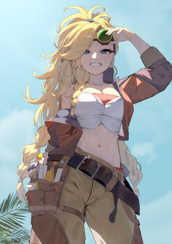 1girl absurdres adjusting_goggles asymmetrical_hair belt blonde_hair blue_eyes blue_sky braid breasts cleavage cloud cloudy_sky crop_top cropped_jacket day gemma_(monster_hunter_wilds) goggles goggles_on_head grin highres jacket leather leather_belt leather_jacket liwen520 long_hair long_sleeves looking_at_viewer midriff monster_hunter_(series) monster_hunter_wilds multiple_braids navel open_clothes open_jacket outdoors pants ponytail side_braid sky smile solo standing teeth tool_belt tools