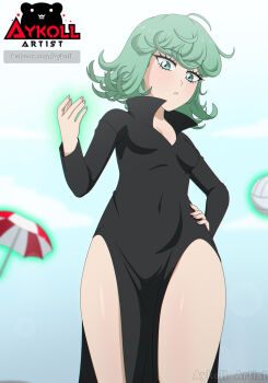 1girl artist_logo artist_name aykoll ball black_dress blue_sky breasts cleavage cloud commentary covered_navel curly_hair dress english_commentary flipped_hair floating floating_object green_eyes green_hair levitation logo long_sleeves looking_at_viewer navel one-punch_man pear-shaped_figure shiny_skin short_hair side_slit simple_background sky small_breasts solo tatsumaki telekinesis thighs umbrella volleyball volleyball_(object)