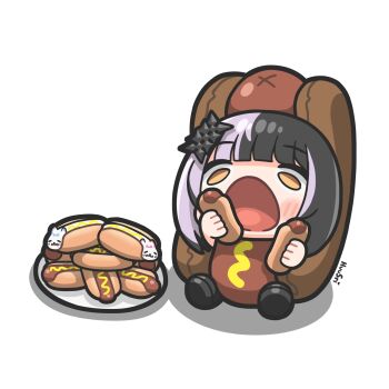 1girl black_hair chibi chibi_only food fuwawa_abyssgard highres holding holding_food hololive hololive_english hot_dog hot_dog_costume huusri mococo_abyssgard multicolored_hair mustard open_mouth plate purple_hair shiori_novella simple_background split-color_hair two-tone_hair virtual_youtuber white_background yellow_eyes