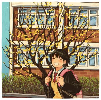 1girl backpack bag black_hair blush closed_eyes collared_shirt day highres long_sleeves necktie open_mouth original outdoors purple_sweater_vest red_necktie school_uniform shirt short_hair sihyun25 smile solo sweater_vest teeth tree white_shirt