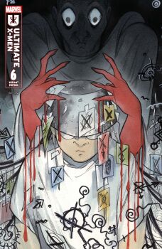 2boys @_@ absurdres ambiguous_red_liquid black_background black_robe bucket bucket_on_head cable comic_cover company_name copyright_logo copyright_name cover cover_page glasses highres logo maester_(x-men) male_focus marvel multiple_boys object_on_head official_art opaque_glasses paper peach_momoko robe round_eyewear shadow_king_(x-men) shinobu_kageyama shirt transparent_hand ultimate_x-men_(2024) white_shirt x-men