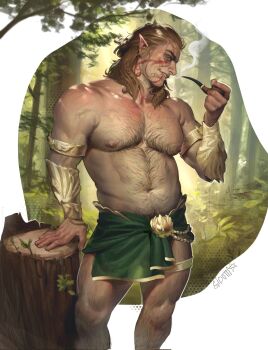 Rule 34 | 1boy, arm support, arm up, armlet, baldur's gate, baldur's gate 3, bara, bracer, braid, brown hair, chest hair, collarbone, commentary, dungeons & dragons, english commentary, facial tattoo, feet out of frame, gio utti, green sash, hairy, halsin, highres, jewelry, large pectorals, leg hair, long hair, looking to the side, male focus, navel, nipples, pectorals, plant, pointy ears, sash, smile, smoking pipe, solo, standing, tattoo, teeth, thick eyebrows, topless male, tree, tree stump