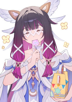 1girl absurdres animal_ear_fluff animal_ears bare_shoulders black_hair blunt_bangs blush box cat_ears closed_eyes closed_mouth collarbone columbina_(genshin_impact) commentary_request dress eating genshin_impact hair_ornament highres holding holding_box kemonomimi_mode long_hair long_sidelocks off_shoulder purple_hair sidelocks simple_background solo very_long_hair white_background white_dress wing_hair_ornament yuu_maraa